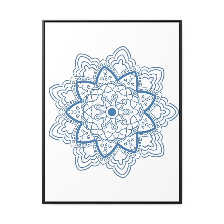 Handmade steel blue mandala design wall art on gallery canvas wraps in a vertical frame