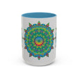 Colorful floral mandala art mug with intricate design and vibrant colors