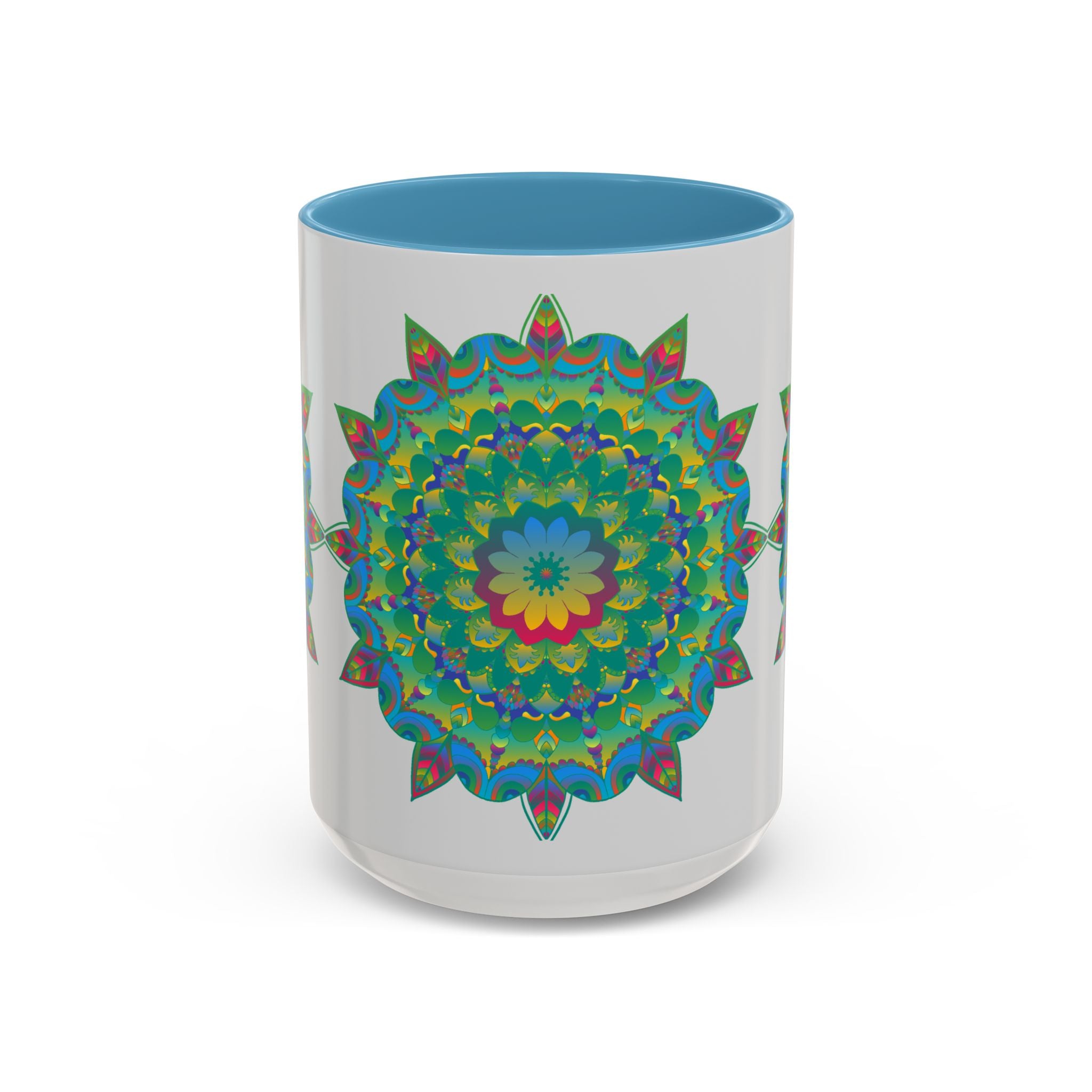 Colorful floral mandala art mug with intricate design and vibrant colors