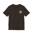 Colorful vibrantly designed mandala tee featuring spiritual symbols for peace and harmony