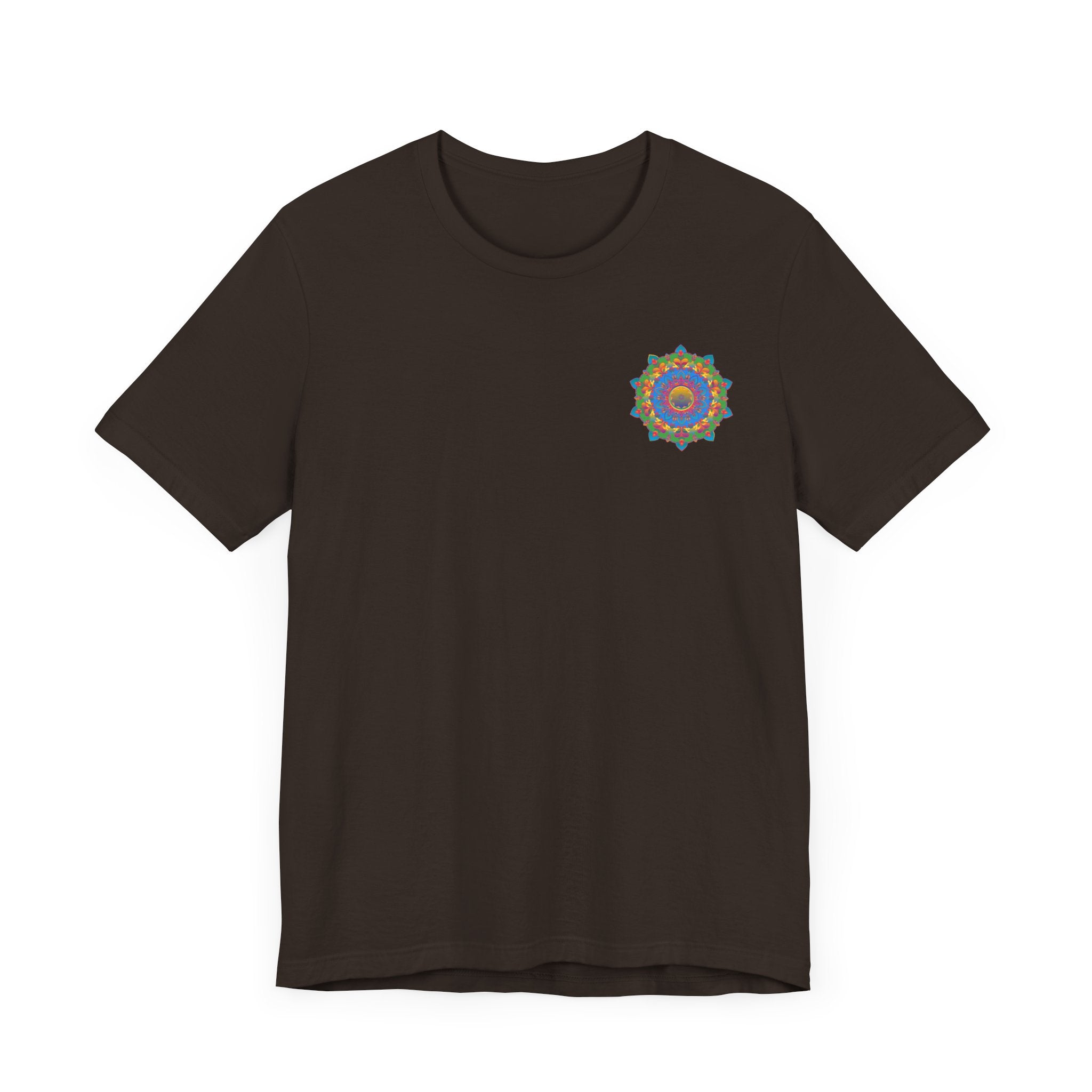 Colorful vibrantly designed mandala tee featuring spiritual symbols for peace and harmony