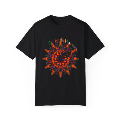 Handmade unisex Halloween Mandala T-shirt featuring intricate pumpkin mandala art on a garment-dyed tee