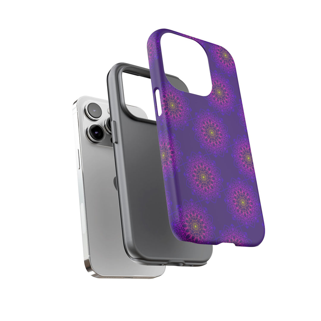 Intricate Purple Floral iPhone Case with Bold Mandala Design