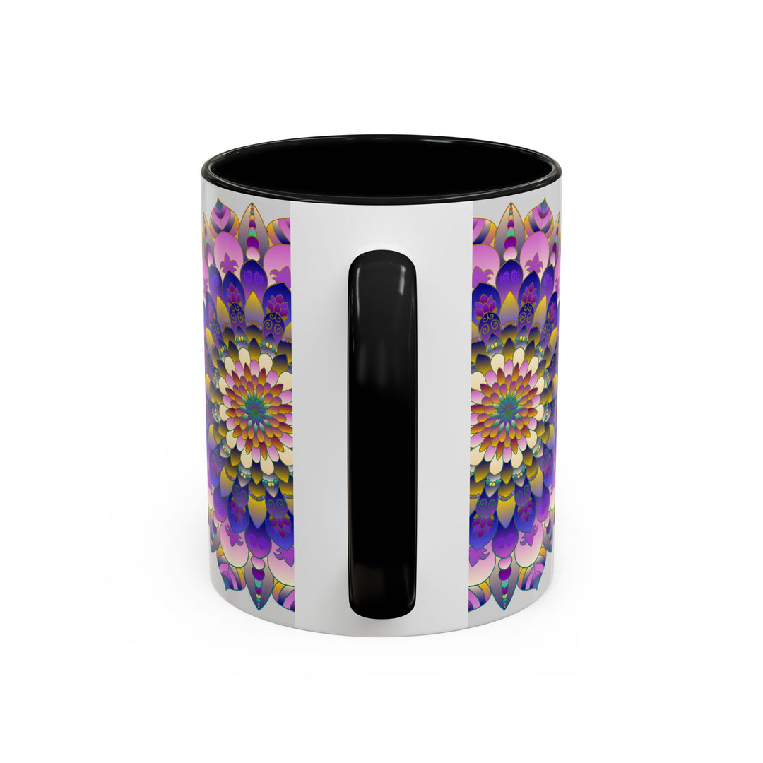 Beautiful mandala art mug with vibrant colors on a grey background