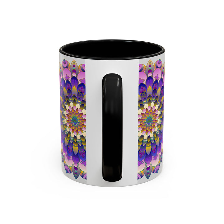 Beautiful mandala art mug with vibrant colors on a grey background