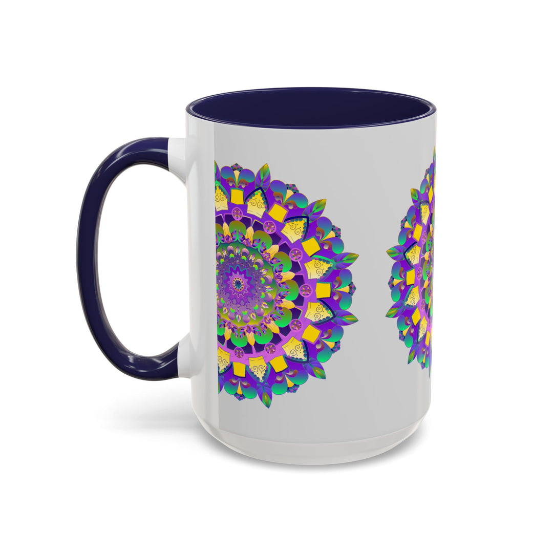 A beautiful handcrafted ceramic mug featuring a vibrant mandala art design in purple and yellow colors