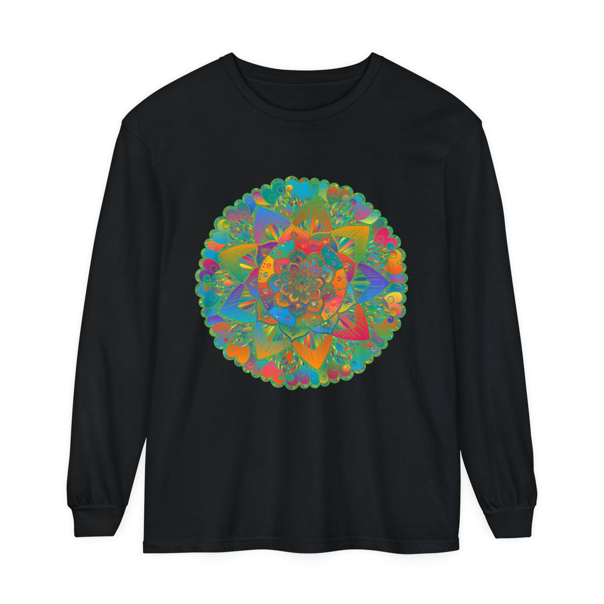 Vibrant Mandala Unisex Long Sleeve T-Shirt featuring a colorful, intricate mandala design