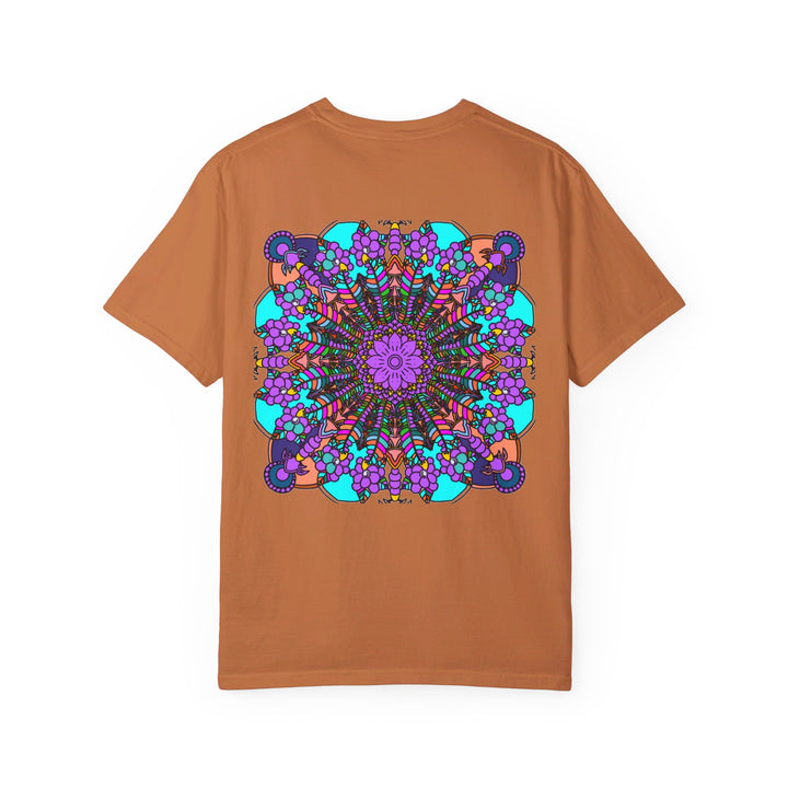 Unisex mandala t-shirt made of 100% ring-spun cotton, featuring hand-drawn mandala art and garment-dyed for extra comfort