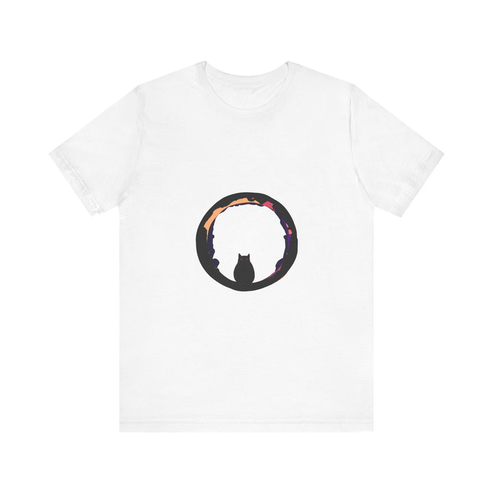 A spooky and stylish black cat mystery moon t-shirt, perfect for Halloween