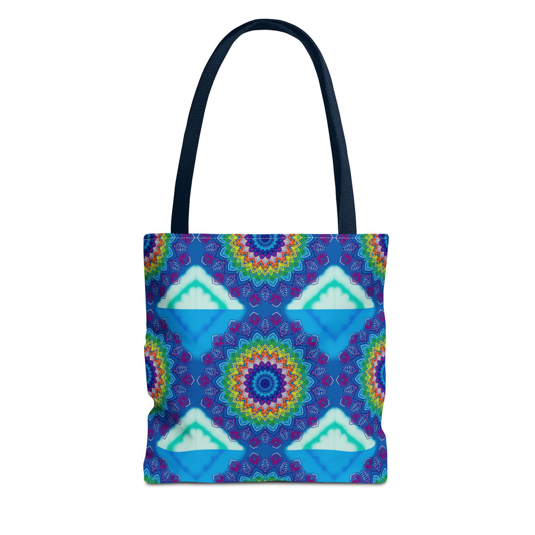 Vibrant and intricate mandala design tote bag in multiple colors