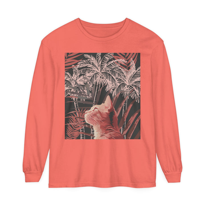 Adorable ginger cat lounging under a palm tree on a soft, comfortable t-shirt