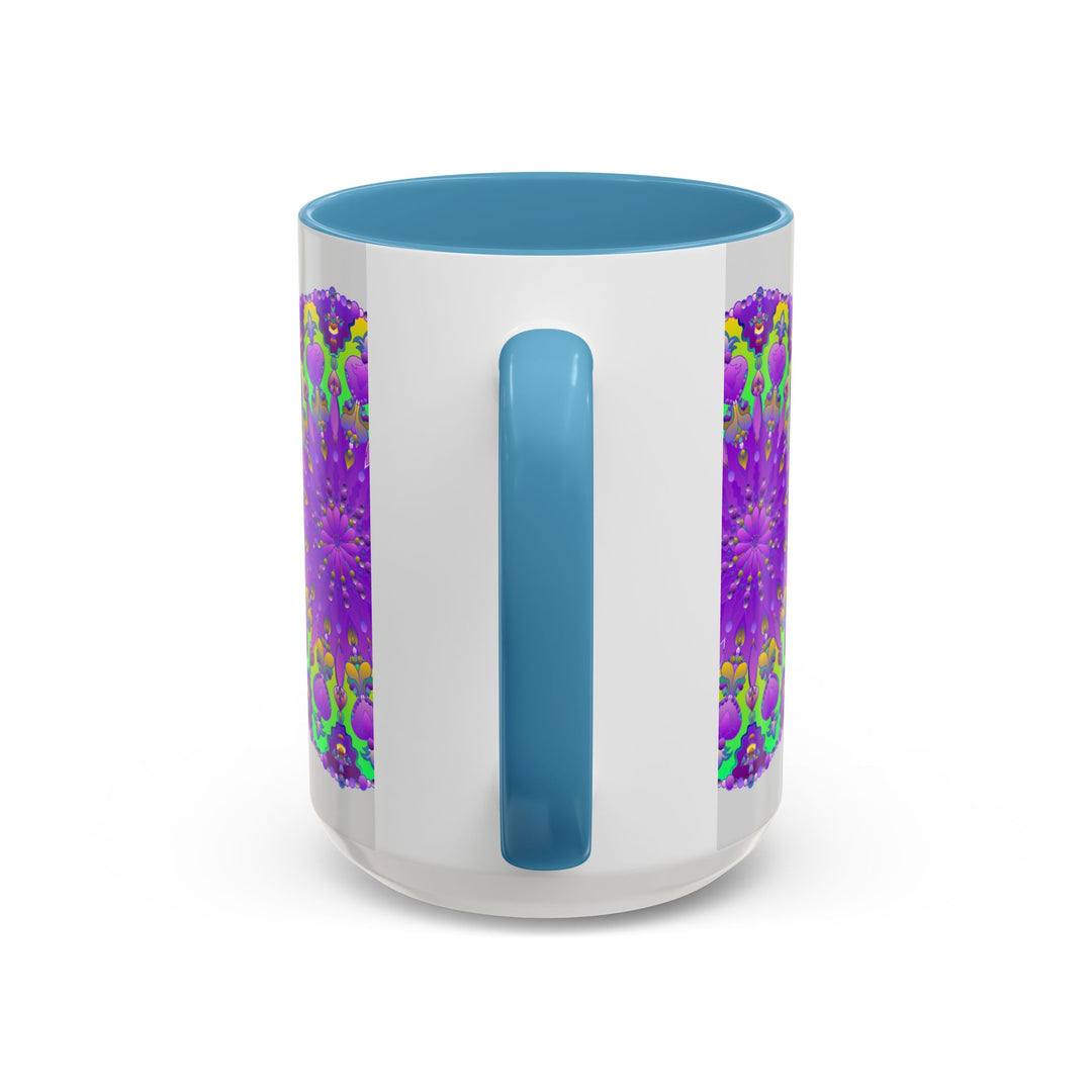 Beautiful purple mandala design adorns a vibrant art mug set against a grey background