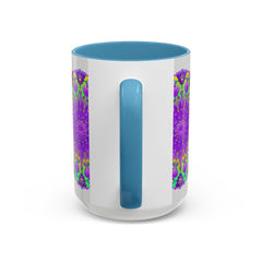 Beautiful purple mandala design adorns a vibrant art mug set against a grey background