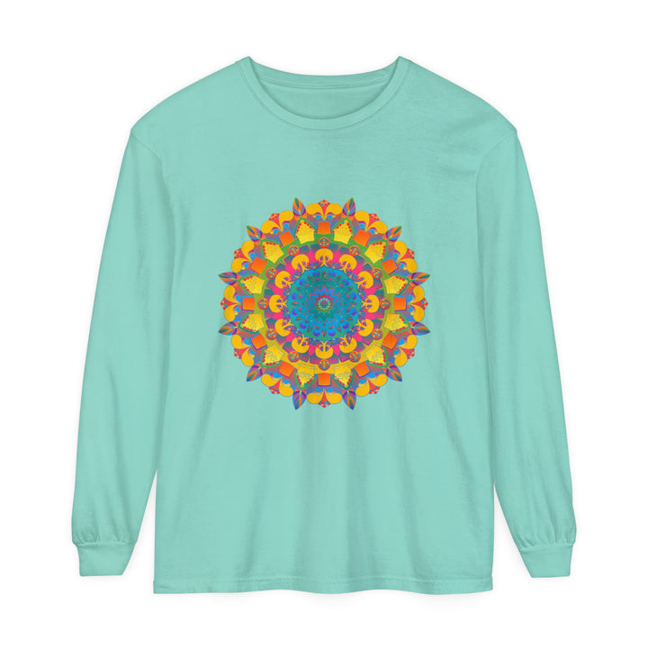 Colorful and intricate mandala design on a unisex long sleeve t-shirt