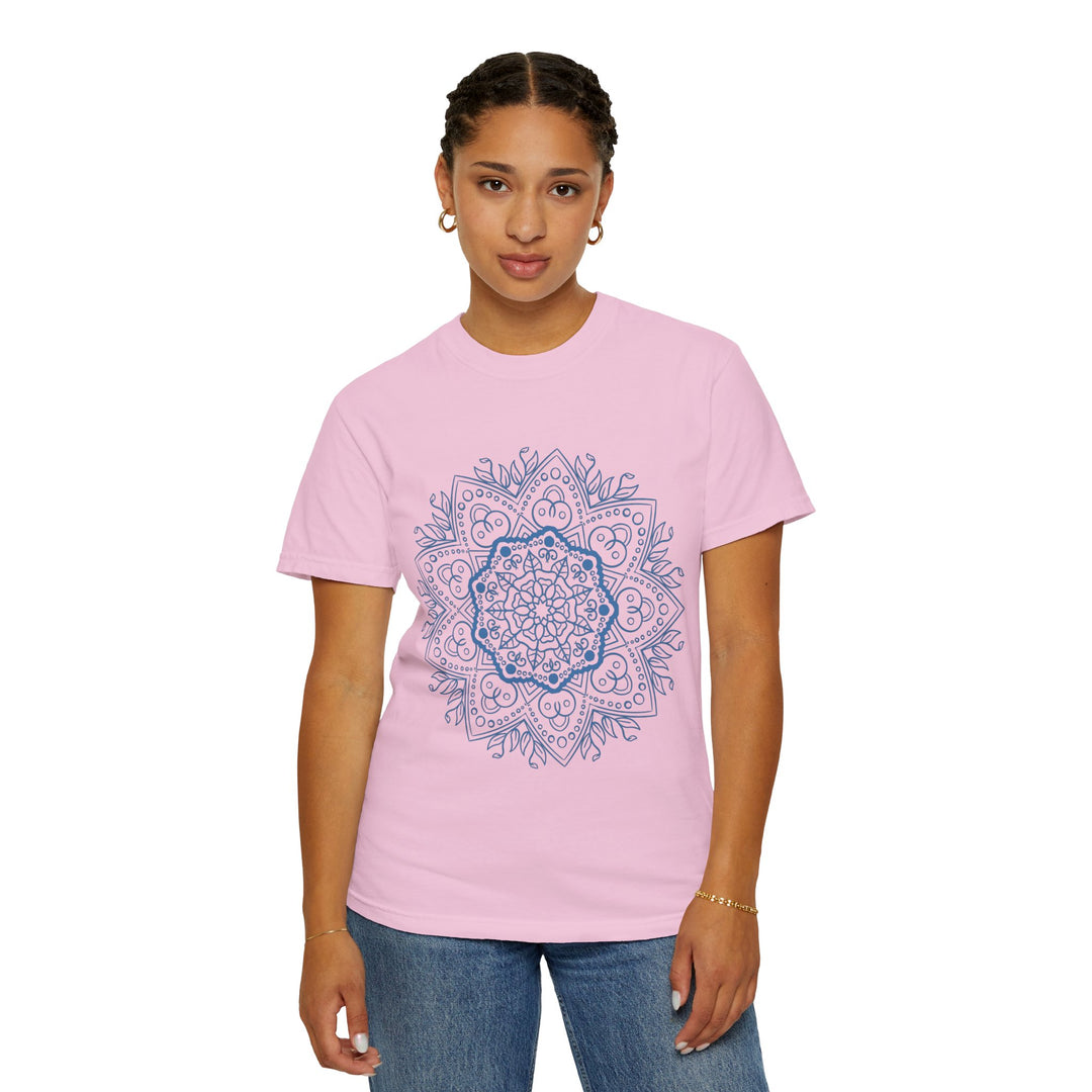 Colorful and intricate handmade mandala art printed on a unisex garment-dyed tshirt