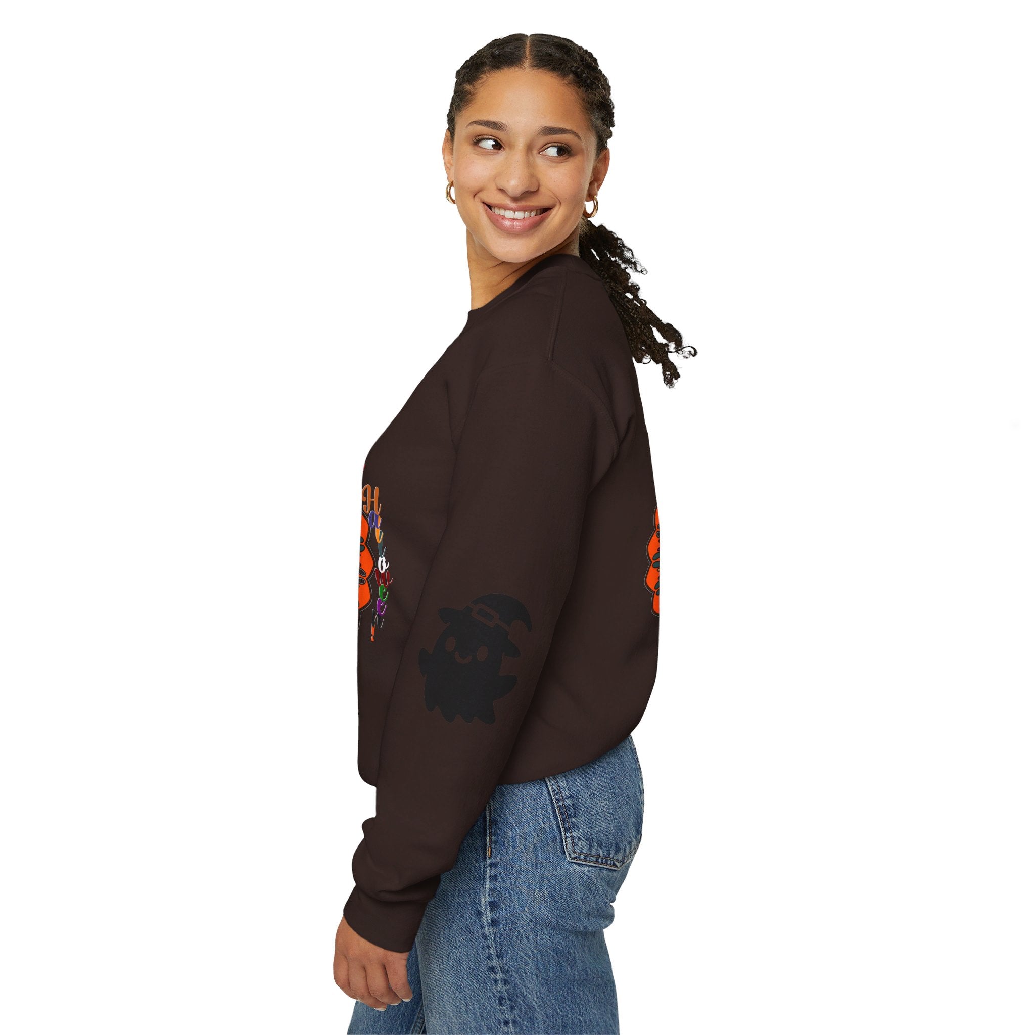 Unisex heavy blend crewneck sweatshirt in black, featuring cute ghosts design for Halloween