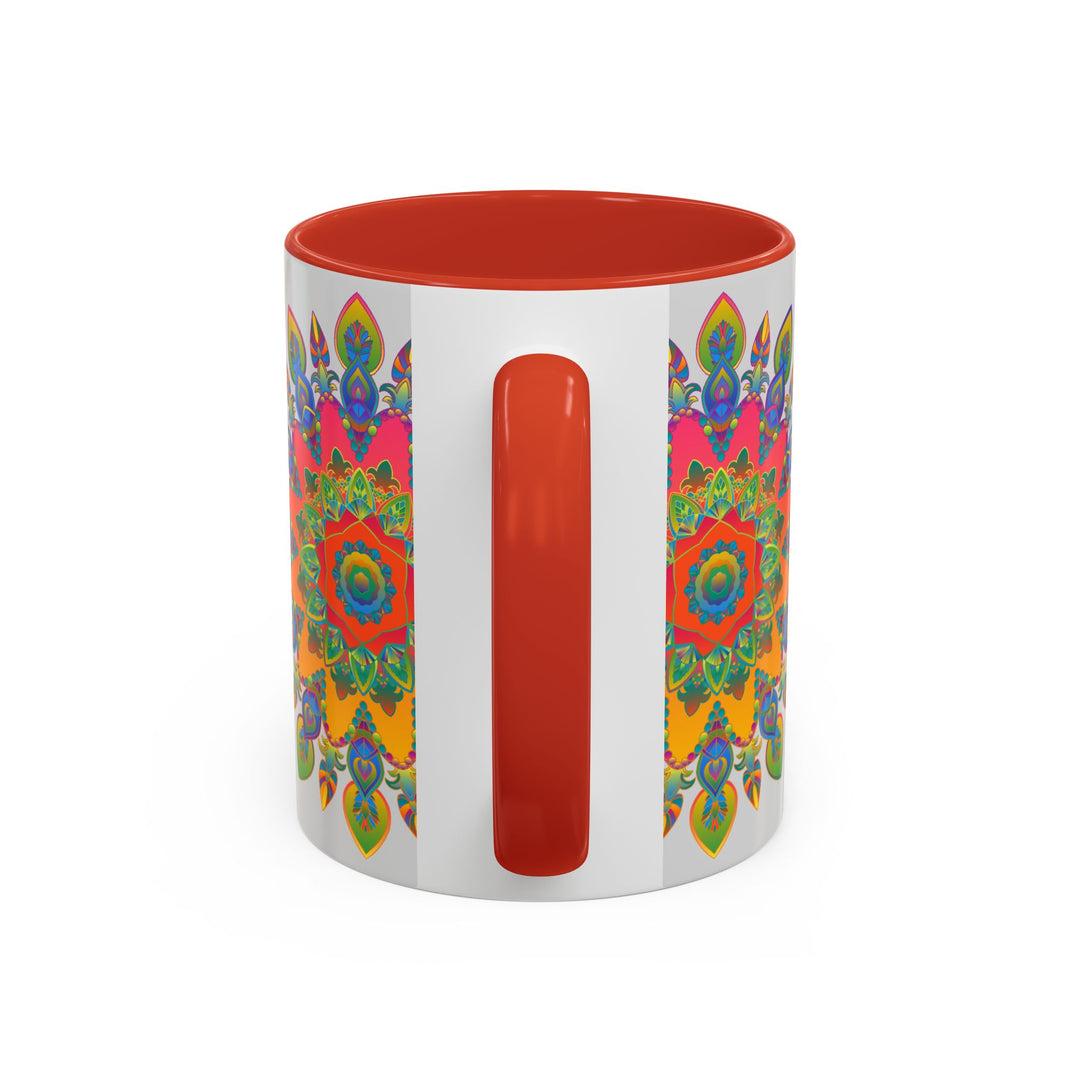 Colorful Mandala Mug with intricate and vibrant art on a grey background