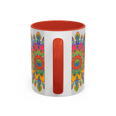 Colorful Mandala Mug with intricate and vibrant art on a grey background