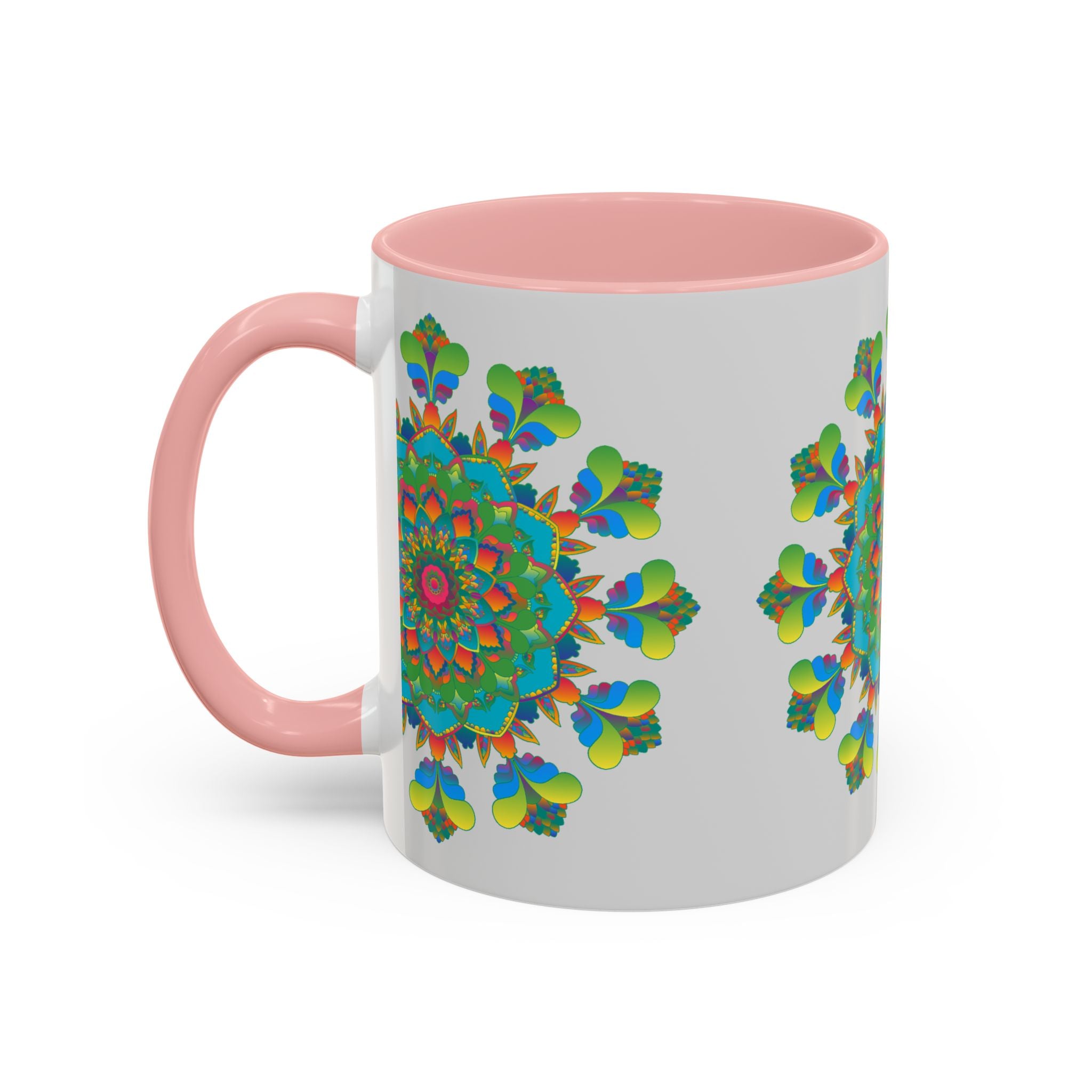 Beautiful mandala art mug with vibrant and intricate designs on a grey background