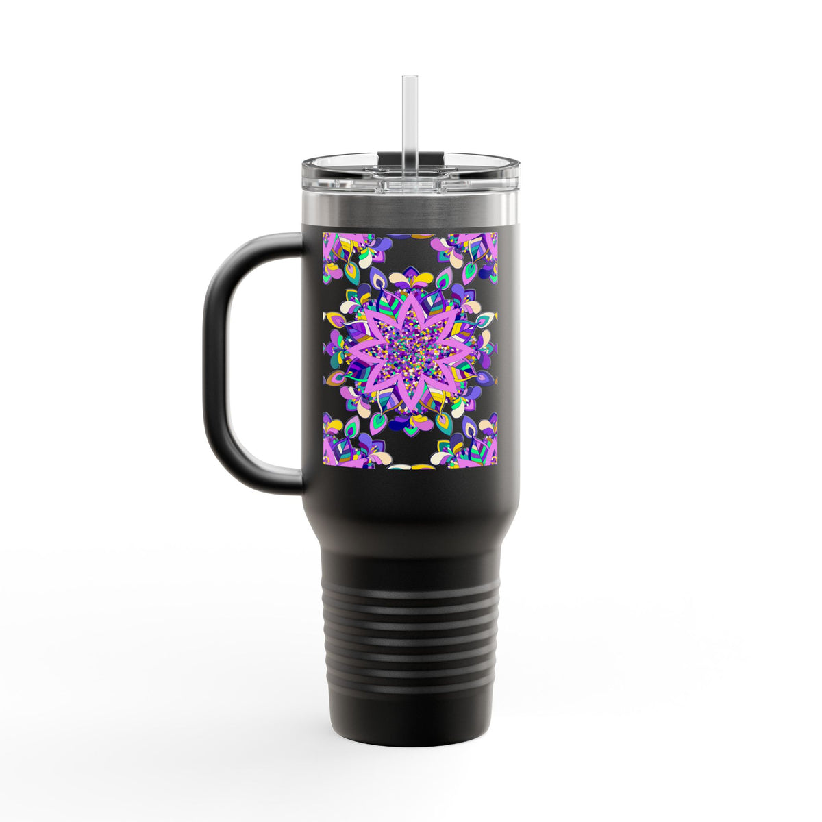 40oz Insulated Travel Mug — Purple Floral Mandala Design