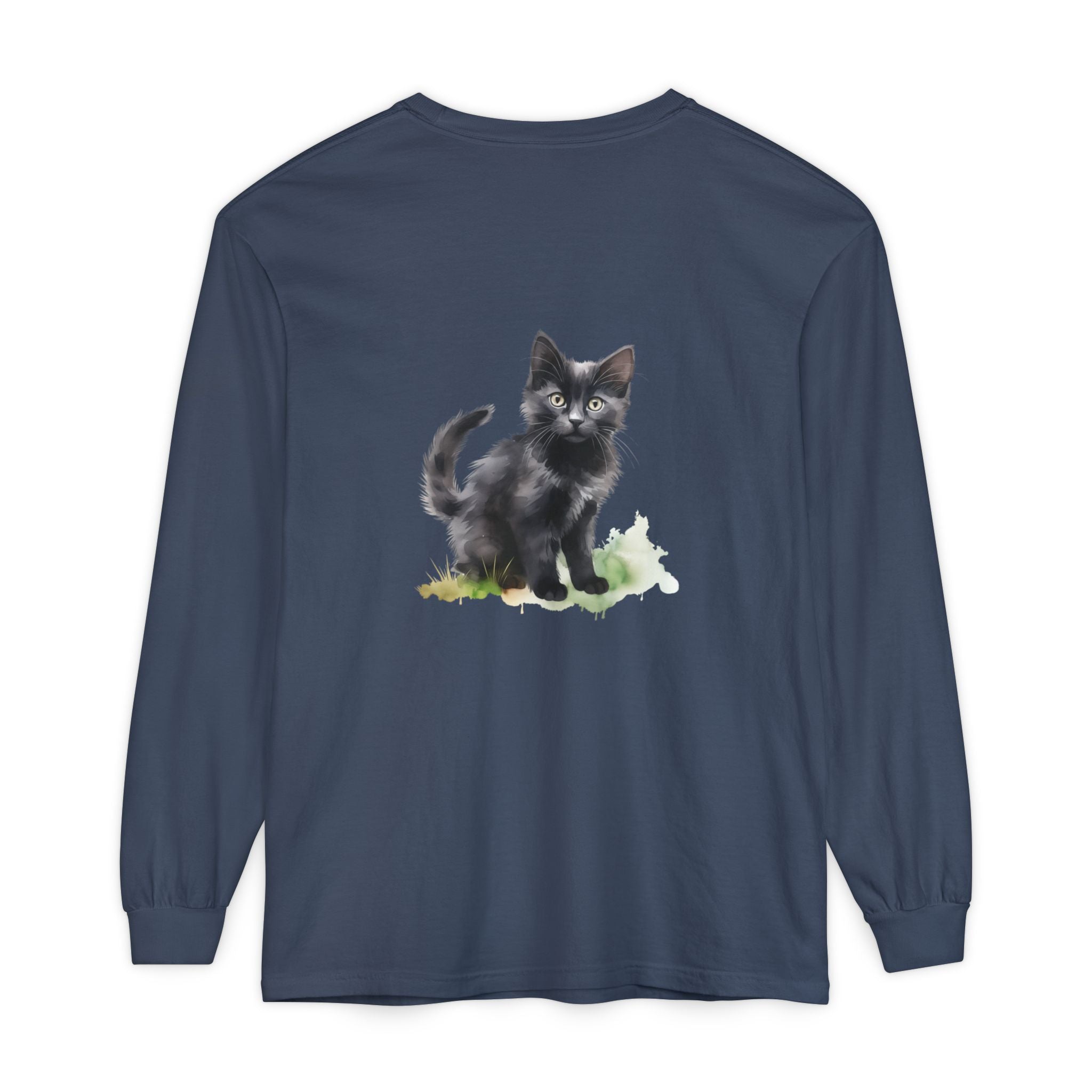Maglietta a maniche lunghe con gatto nero e acquerello