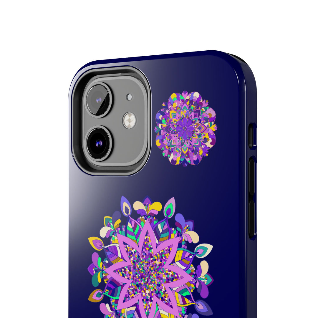 A close-up image of a hand-drawn mandala art purple shades phone case, showcasing its durable and shock absorbent features