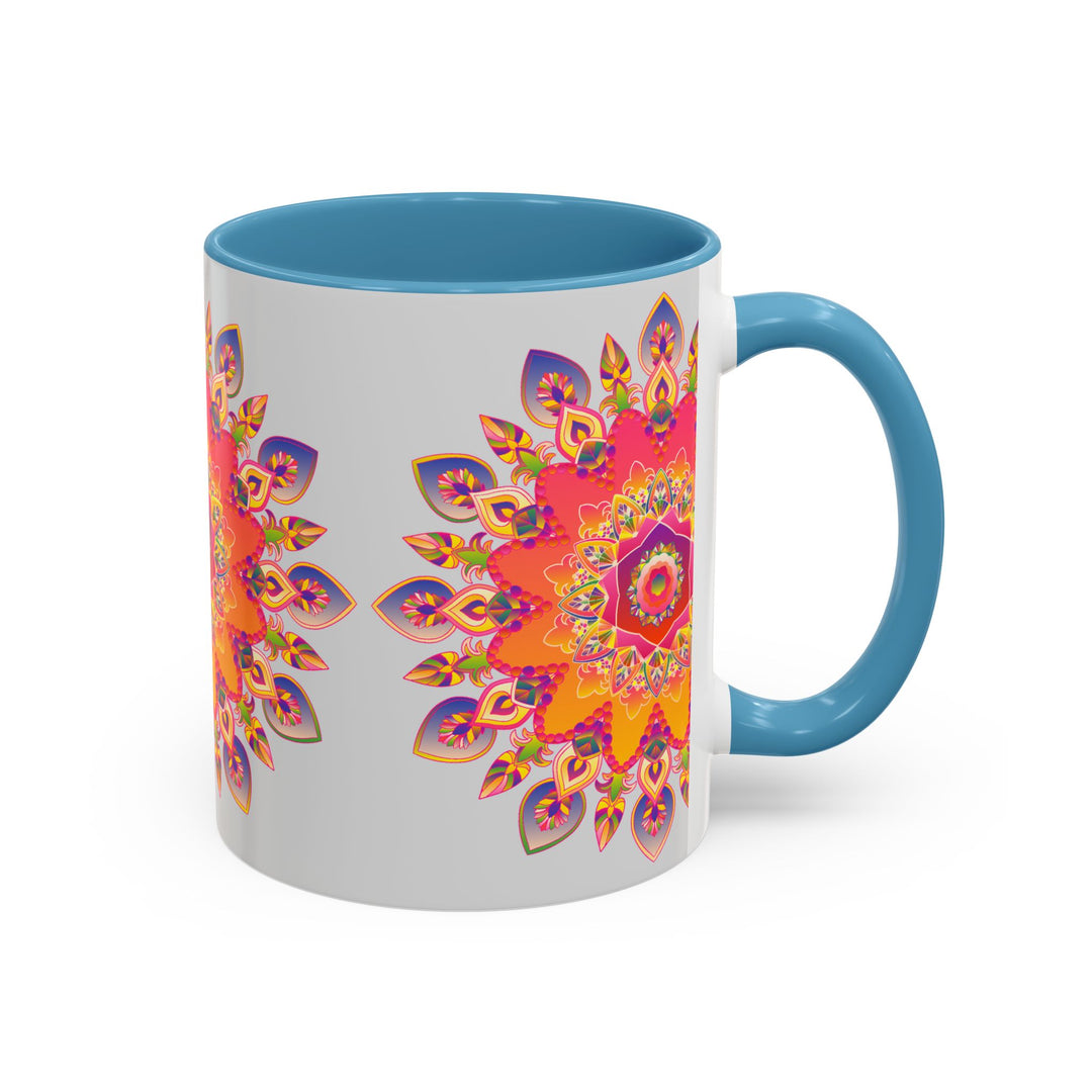 Vibrant mandala art mug with intricate design and bright colors against a grey background