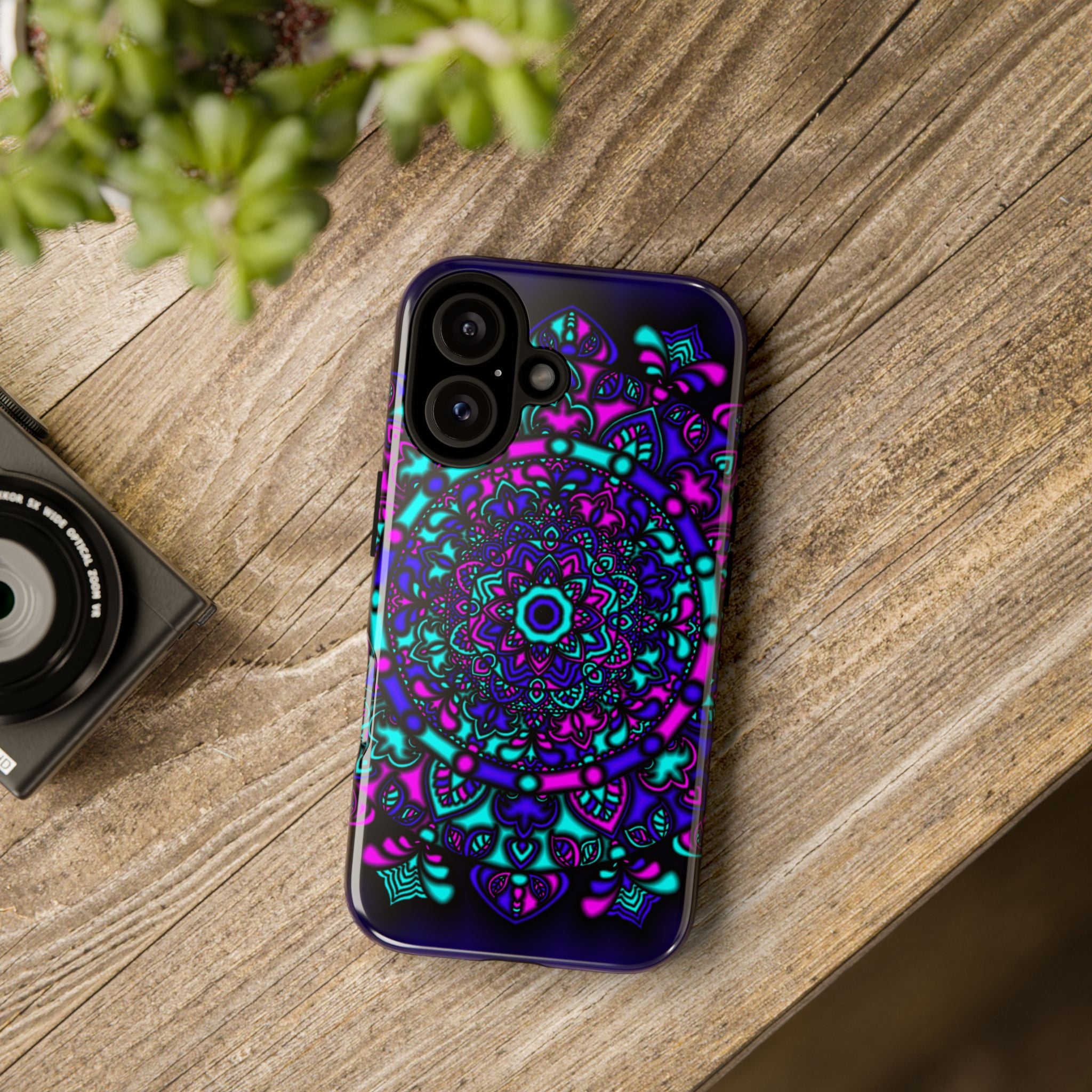 Mandala Neon Phone Case — Purple & Teal Protective Tough Case