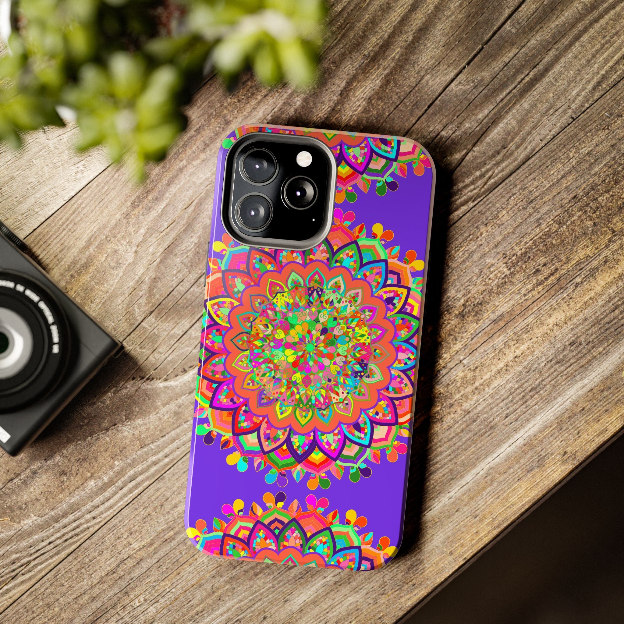 Hand drawn purple Mandala Art phone case featuring intricate and detailed design