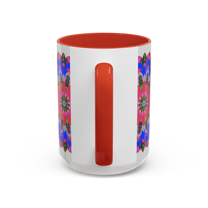 Colorful mandala mug with intricate design featuring vibrant patterns and details