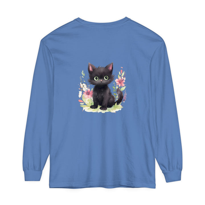 Adorable watercolor floral t-shirt featuring a playful kitten design