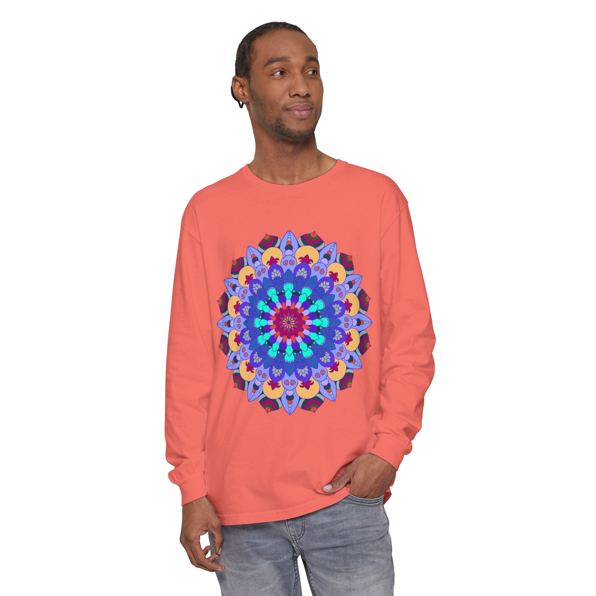 Colorful and detailed mandala design adorns this vibrant long sleeve t-shirt