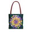 Dark green Zen girl mandala tote bag with colorful design by Blululi, perfect for adding a touch of serenity and style to your outfit