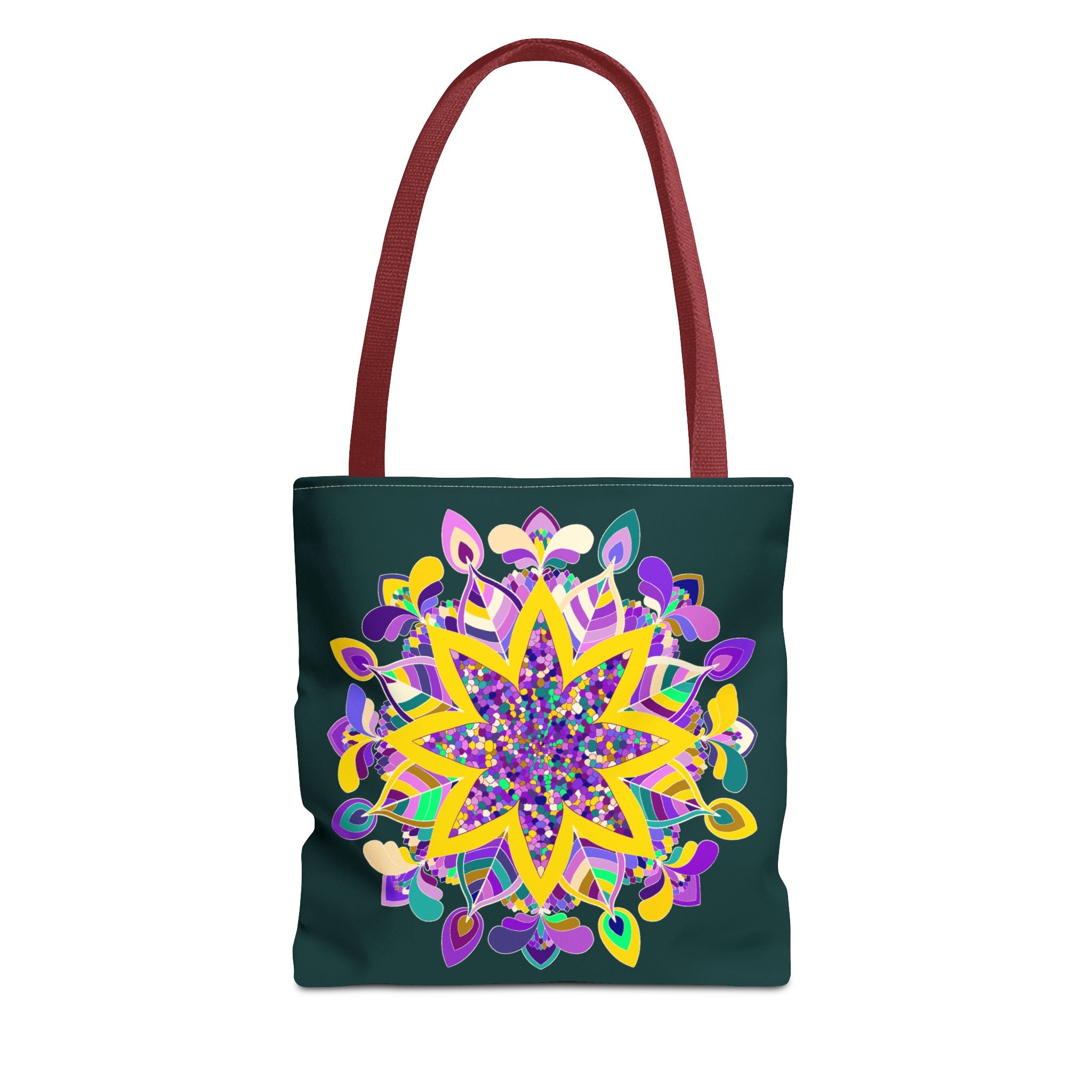 Dark green Zen girl mandala tote bag with colorful design by Blululi, perfect for adding a touch of serenity and style to your outfit