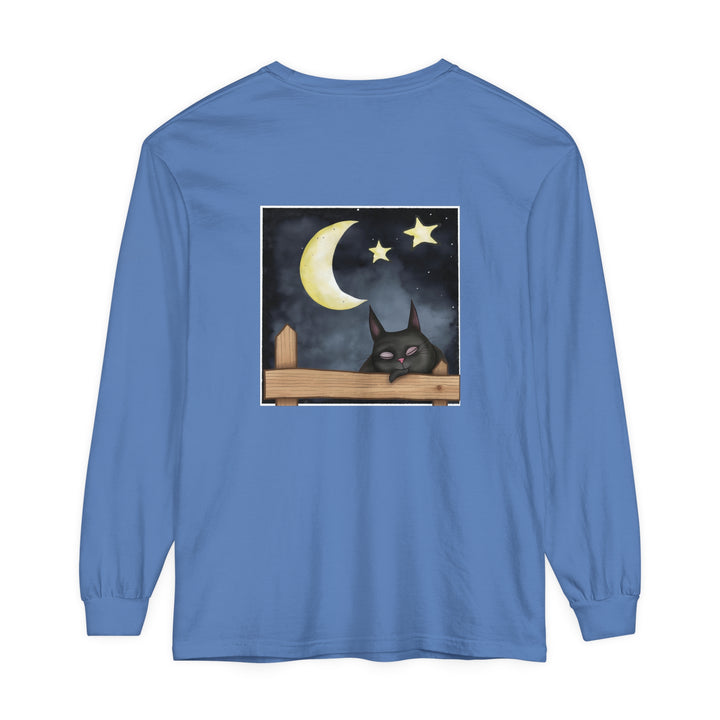 A cozy navy blue t-shirt with a cute illustration of a sleeping cat under the starry night sky