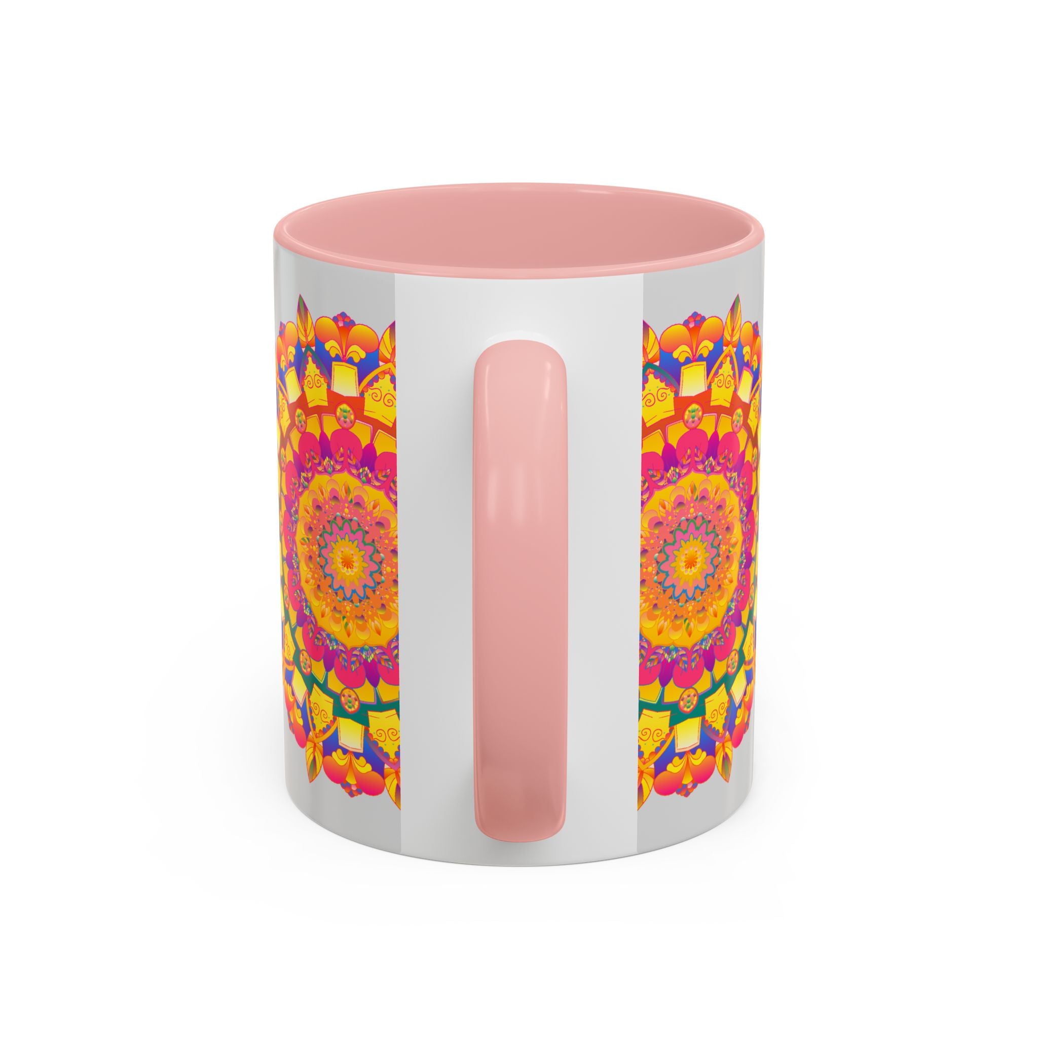 A close-up image of a grey mug with vibrant mandala art featuring intricate designs and bold colors