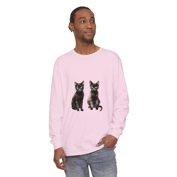 Beautiful long sleeve t-shirt featuring a watercolor art black cat design