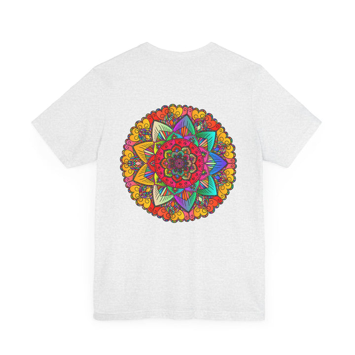 Close-up of Mandala Peace & Harmony T-Shirt with vibrant colors and spiritual symbols