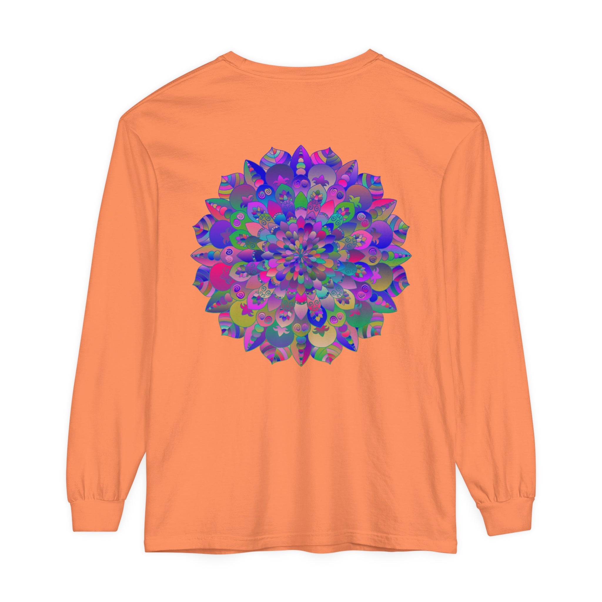 Colorful and intricate mandala design long sleeve t-shirt on a hanger