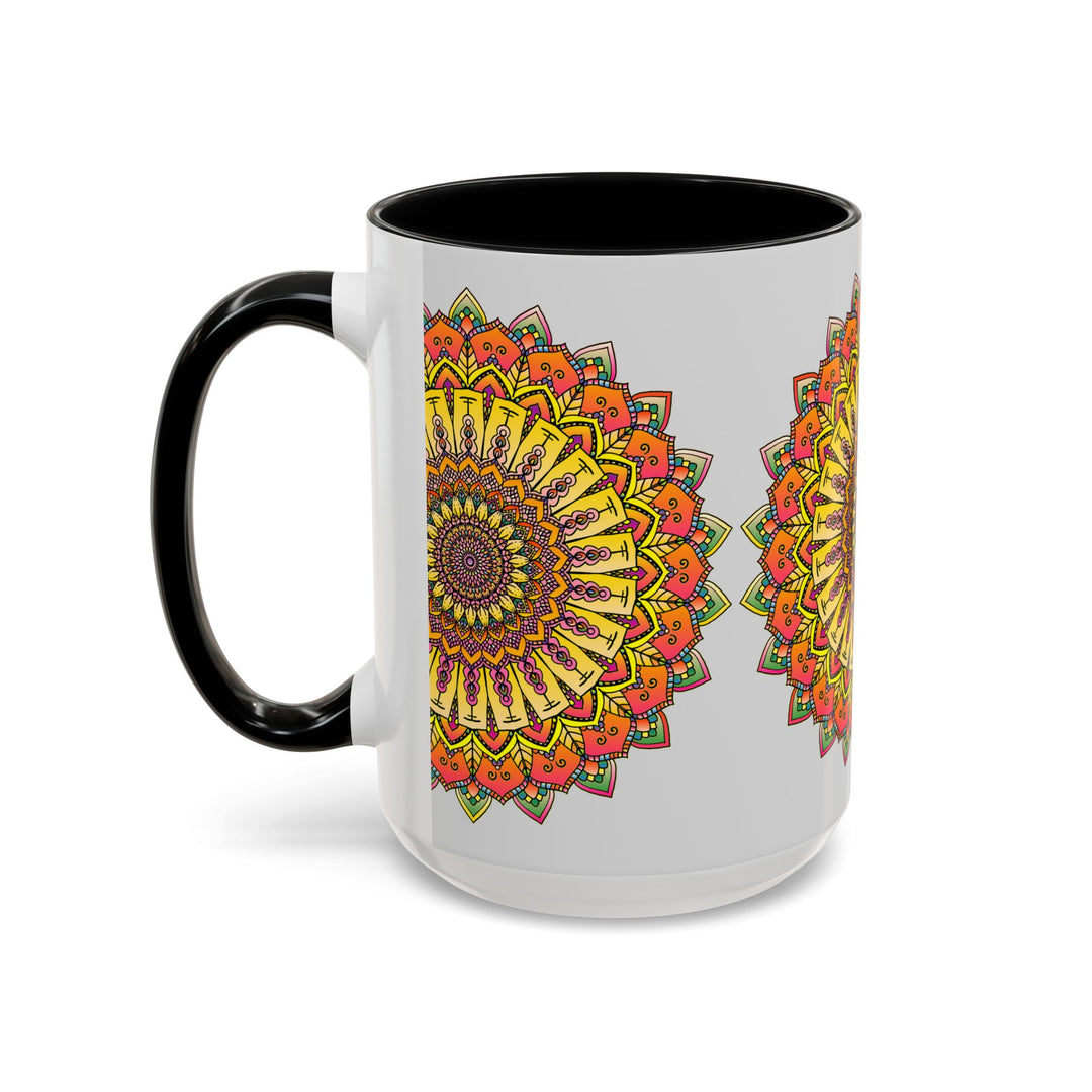 Colorful mandala pattern on a grey ceramic mug