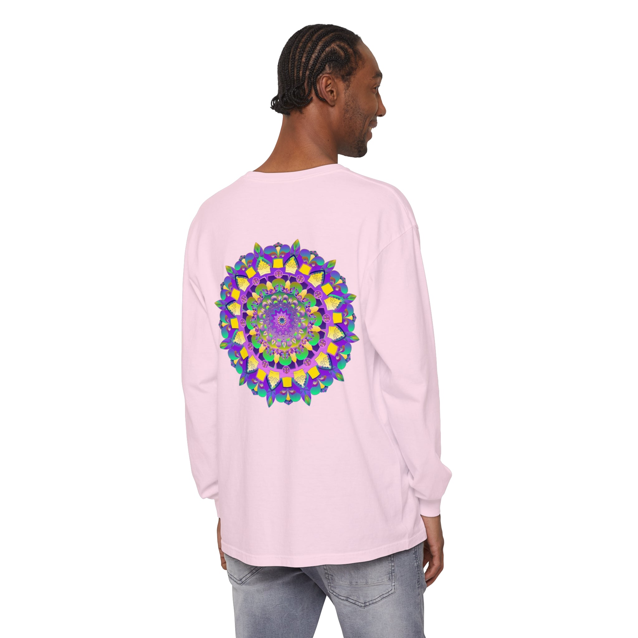 Vibrant Mandala Unisex Long Sleeve T-Shirt featuring intricate, colorful mandala design