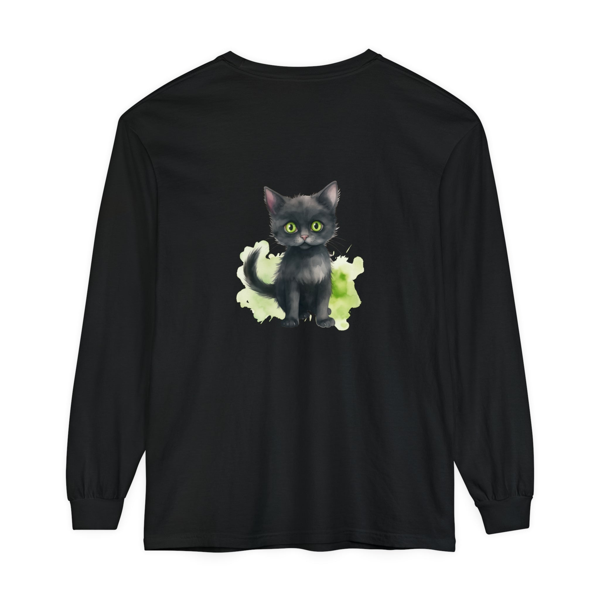 Black Cat Watercolor Long Sleeve T-Shirt with Unique Artistic Design