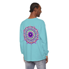 Colorful psychedelic mandala long sleeve t-shirt with intricate design and vibrant hues