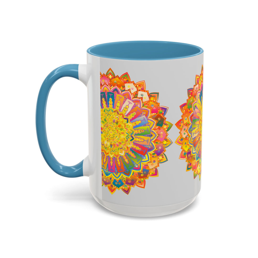 Colorful mandala mug featuring vibrant art in various colors on a grey background