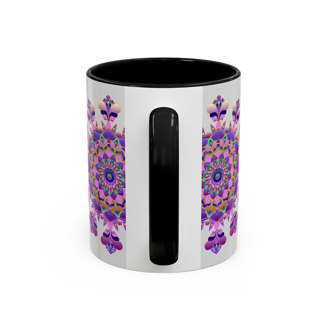 A beautiful purple and pink floral mandala design adorns this ceramic mug