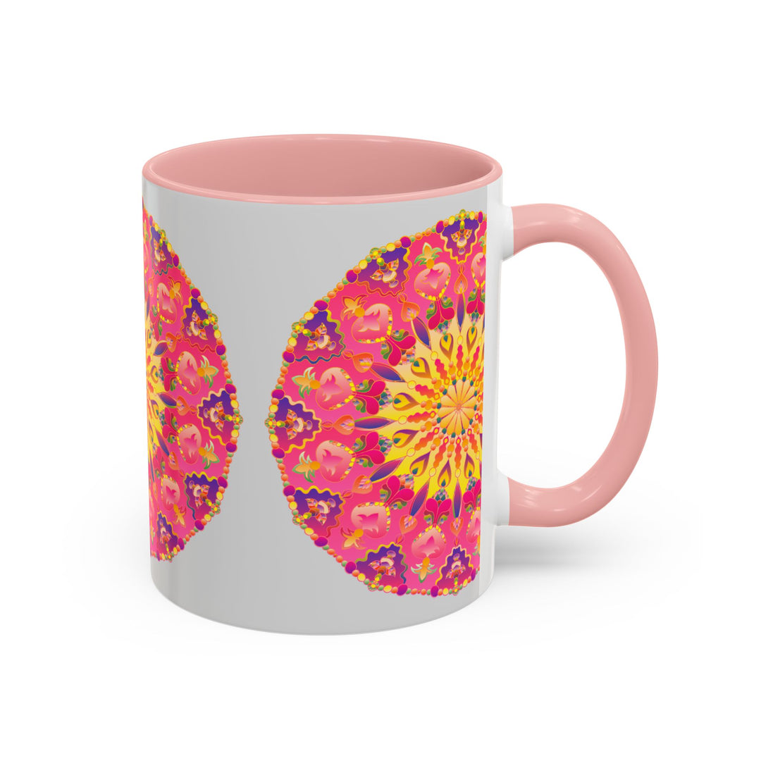 Stunning pink, yellow, and green mandala art on a coffee cup