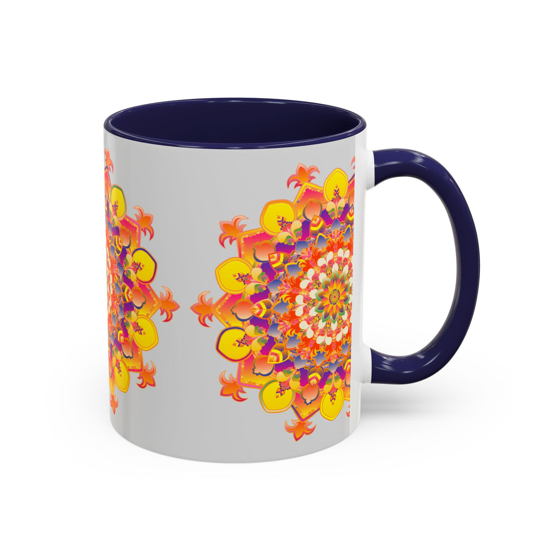 A close-up image of a vibrant mandala mug with colorful and intricate art designs