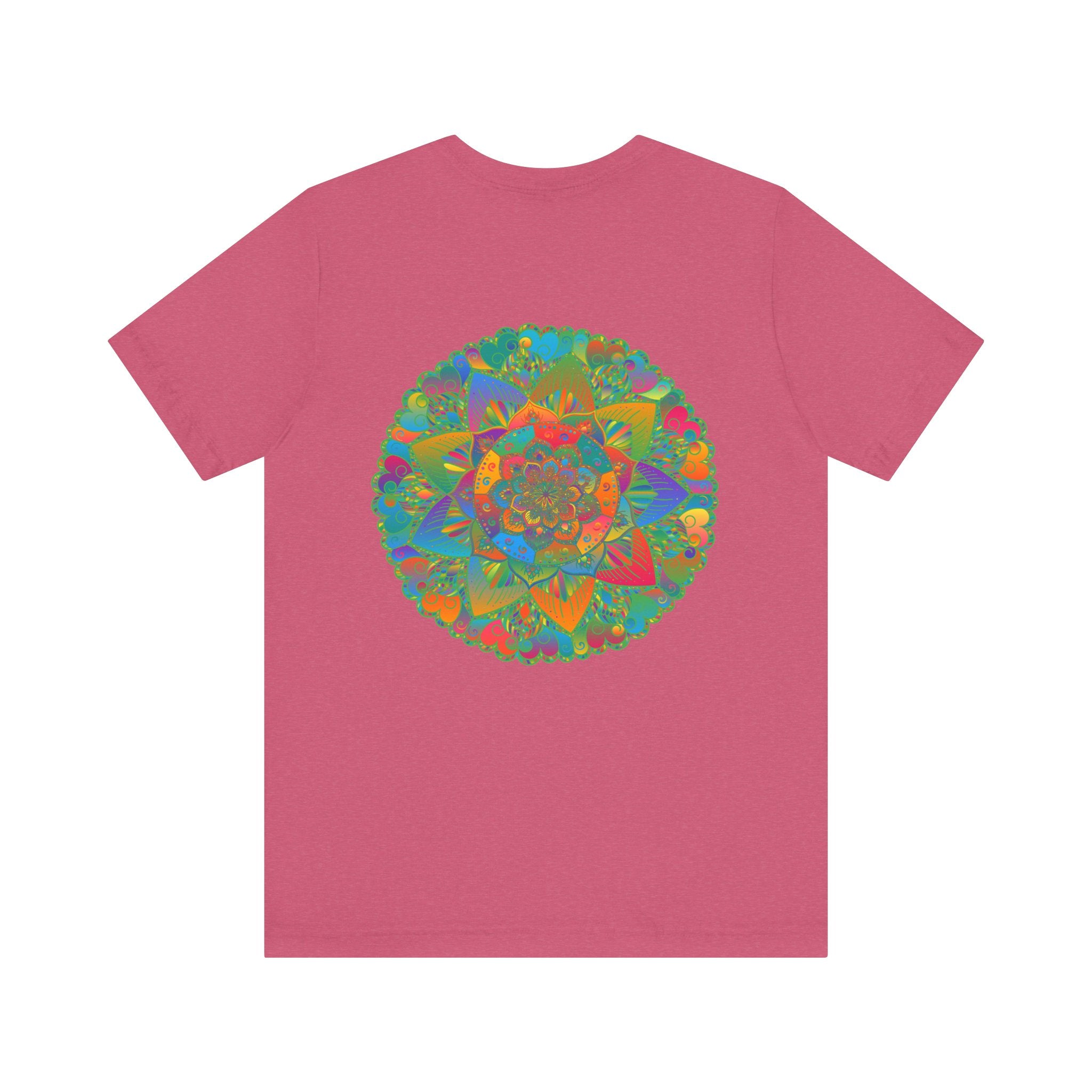 Vibrant mandala t-shirt with colorful geometric design symbolizing spiritual peace and harmony, perfect for yoga and meditation practice