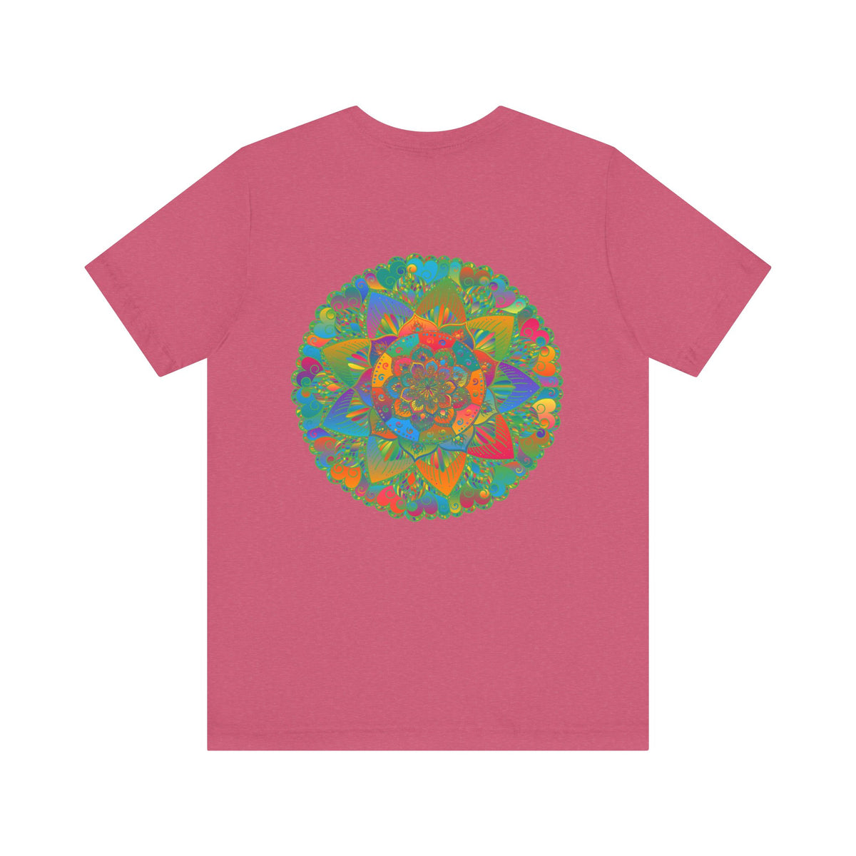 Vibrant mandala t-shirt with colorful geometric design symbolizing spiritual peace and harmony, perfect for yoga and meditation practice