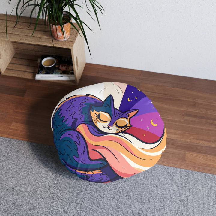 Surreal Cozy Cat Floor Pillow — Dreamy Round Cushion